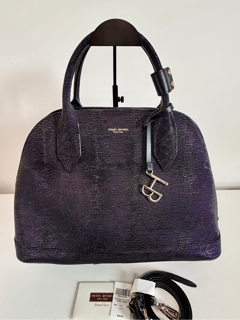 Henri Bendel Shiny Lizard Black Dome Satchel with Gold Accent Charm